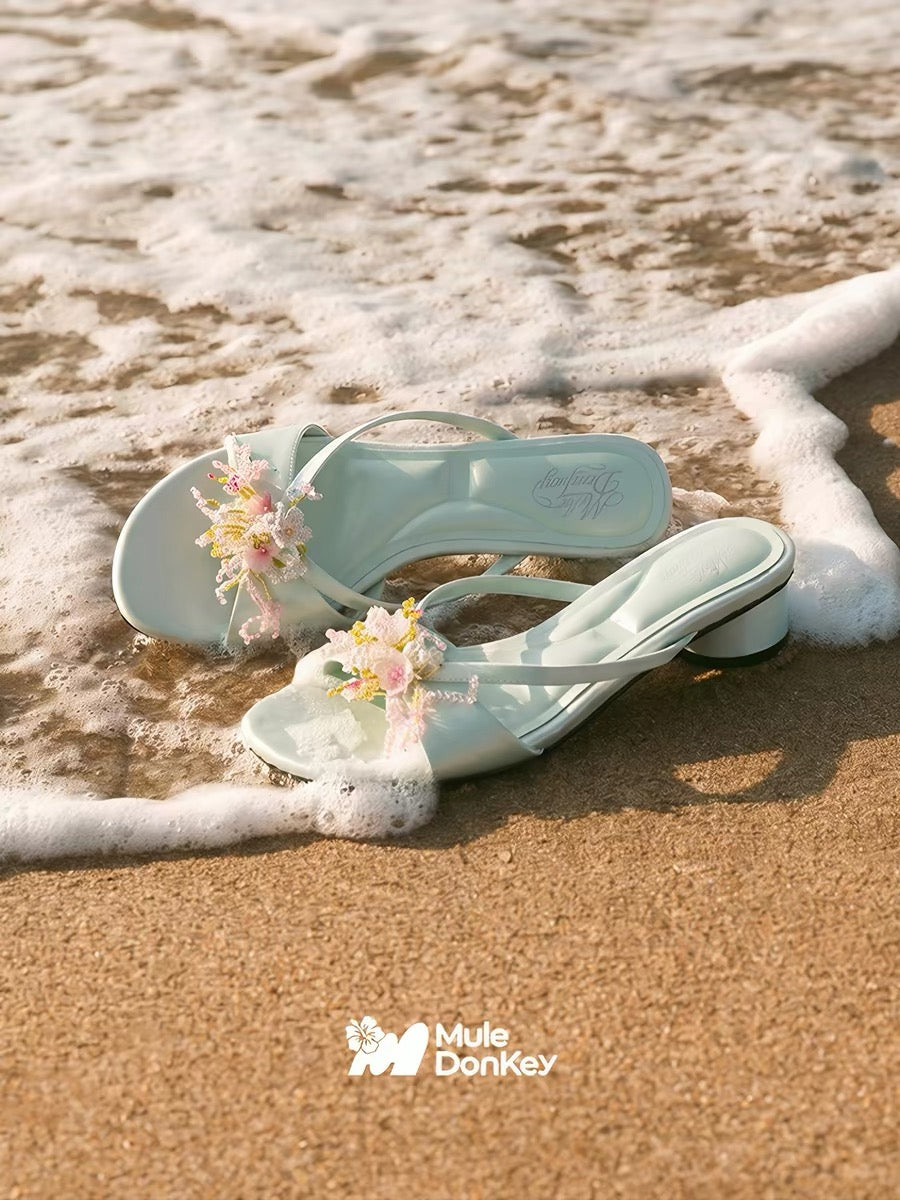 [Mule Donkey] Summer Sandals Chunky Heel Slip Ons - Passion Flower Green