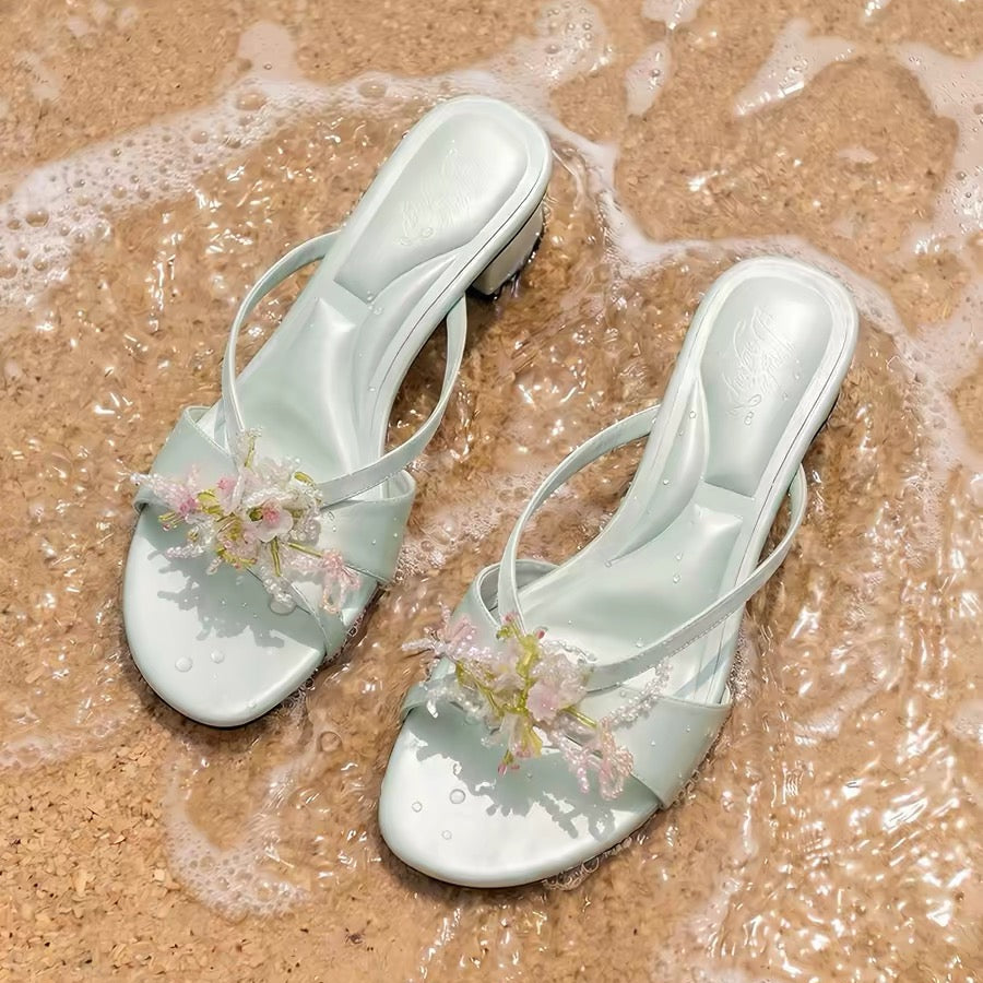 [Mule Donkey] Summer Sandals Chunky Heel Slip Ons - Passion Flower Green