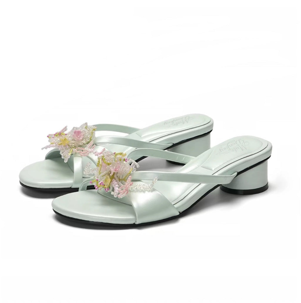 [Mule Donkey] Summer Sandals Chunky Heel Slip Ons - Passion Flower Green