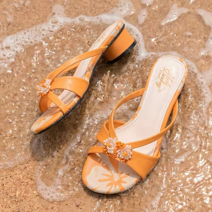 [Mule Donkey] Summer Sandals Chunky Heel Slip Ons - Hibiscus Orange