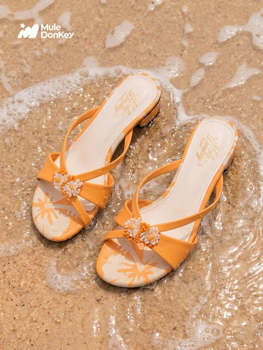 [Mule Donkey] Summer Sandals Chunky Heel Slip Ons - Hibiscus Orange