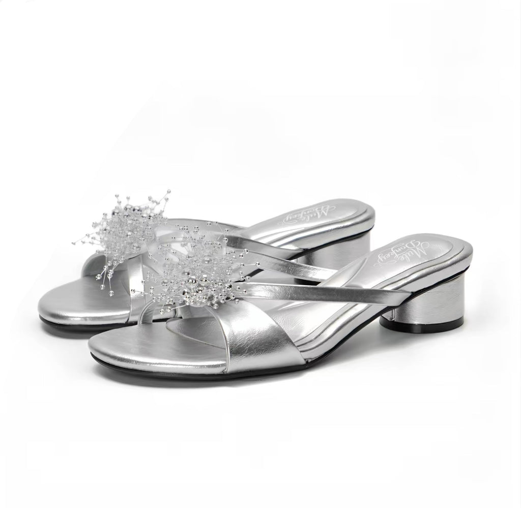 [Mule Donkey] Summer Sandals Chunky Heel Slip Ons - Starry Sky Silver