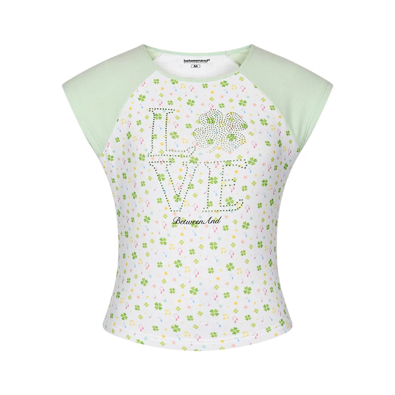 [betweenand] Love Rhinestone-Embedded Four Leaf Clover Pattern Shirt