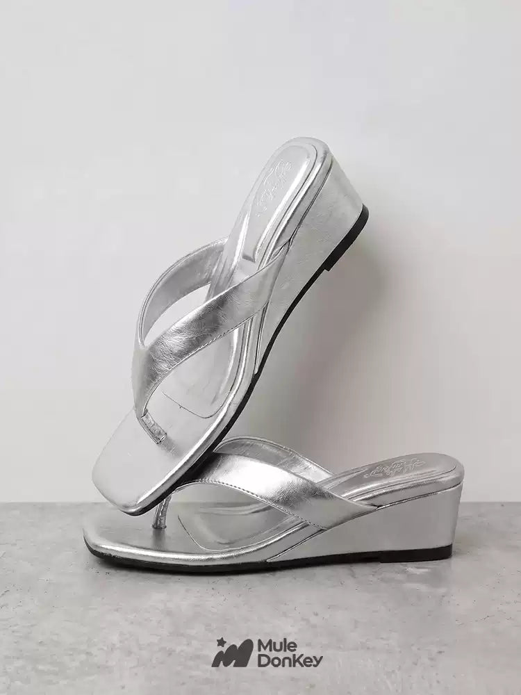 [Mule Donkey] Slippers Wedge Sandals - Silver