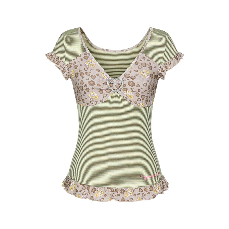 [betweenand] Y2k Leopard Print Flying Sleeve Lace T-Shirt