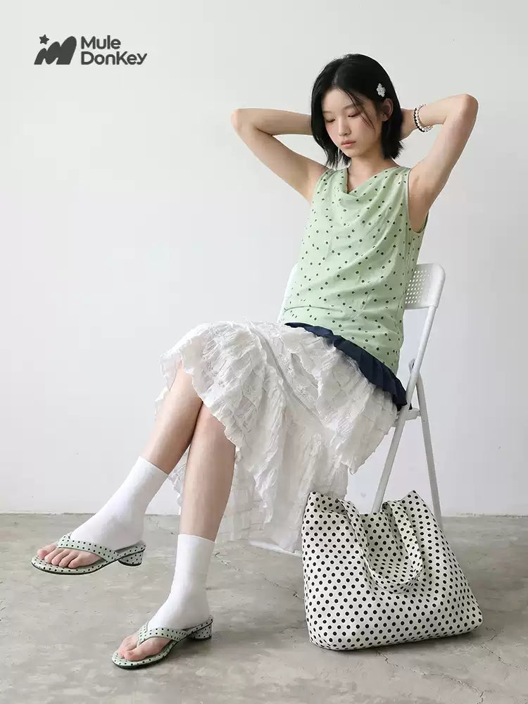 [Mule Donkey] Polka Dot Slippers Chunky Heels Wedge Summer Sandals - 4 colors