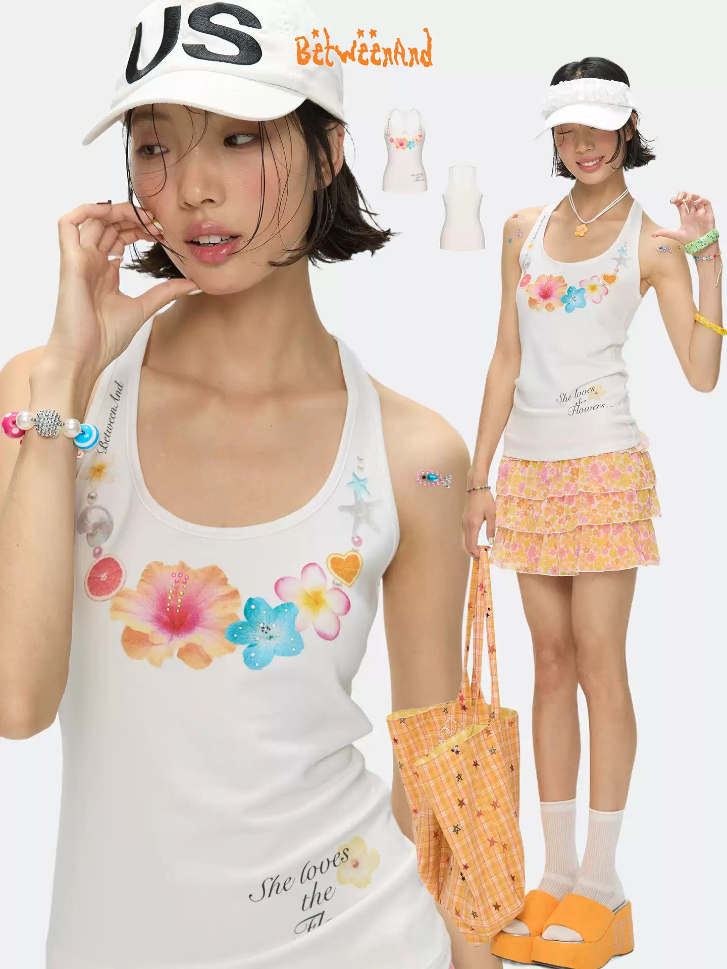 [betweenand] Flower Pearl Neckband Tank Top