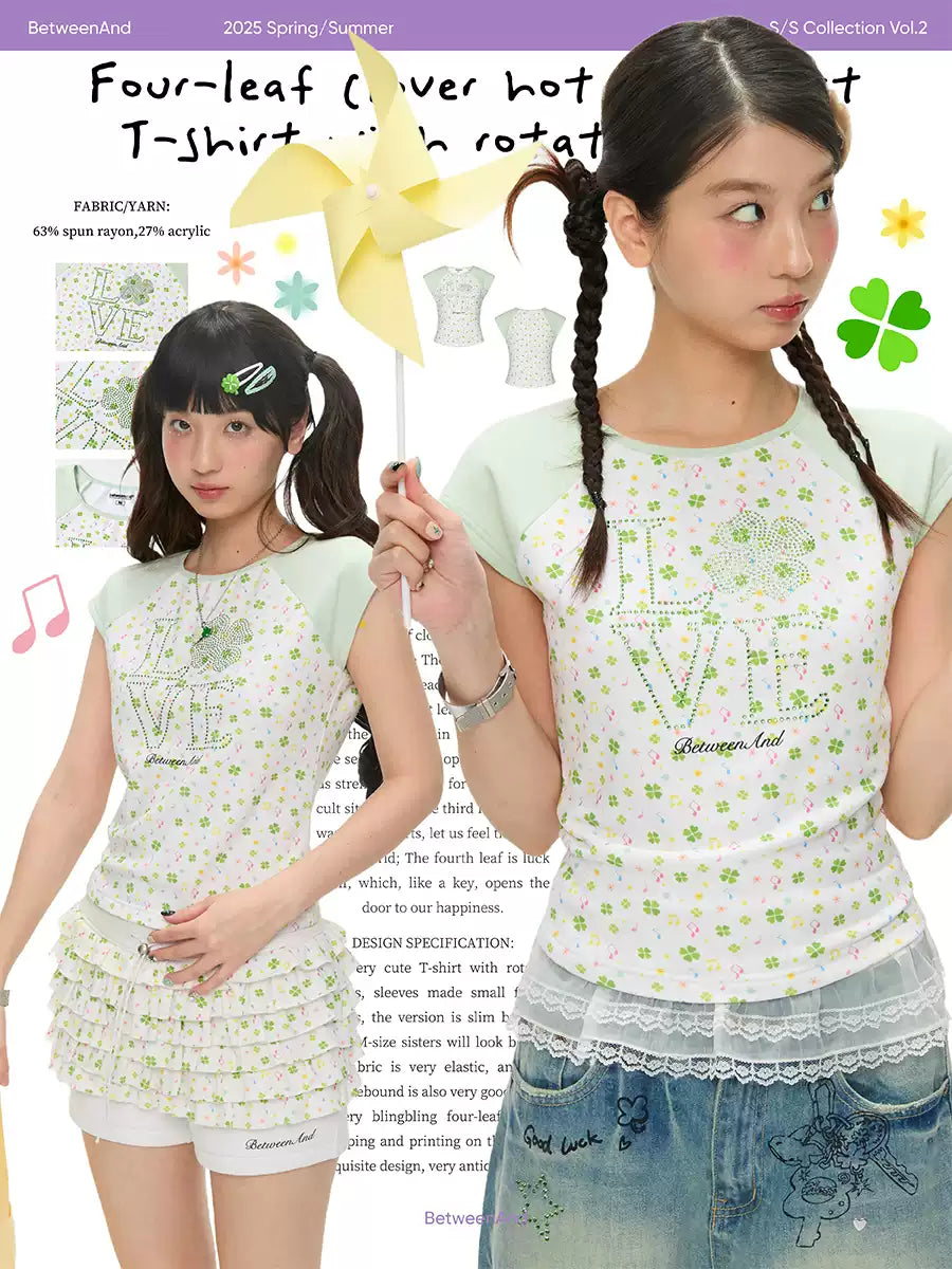 [betweenand] Love Rhinestone-Embedded Four Leaf Clover Pattern Shirt