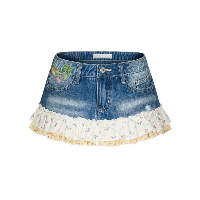 [betweenand] Ruffled Lace Denim Skirt