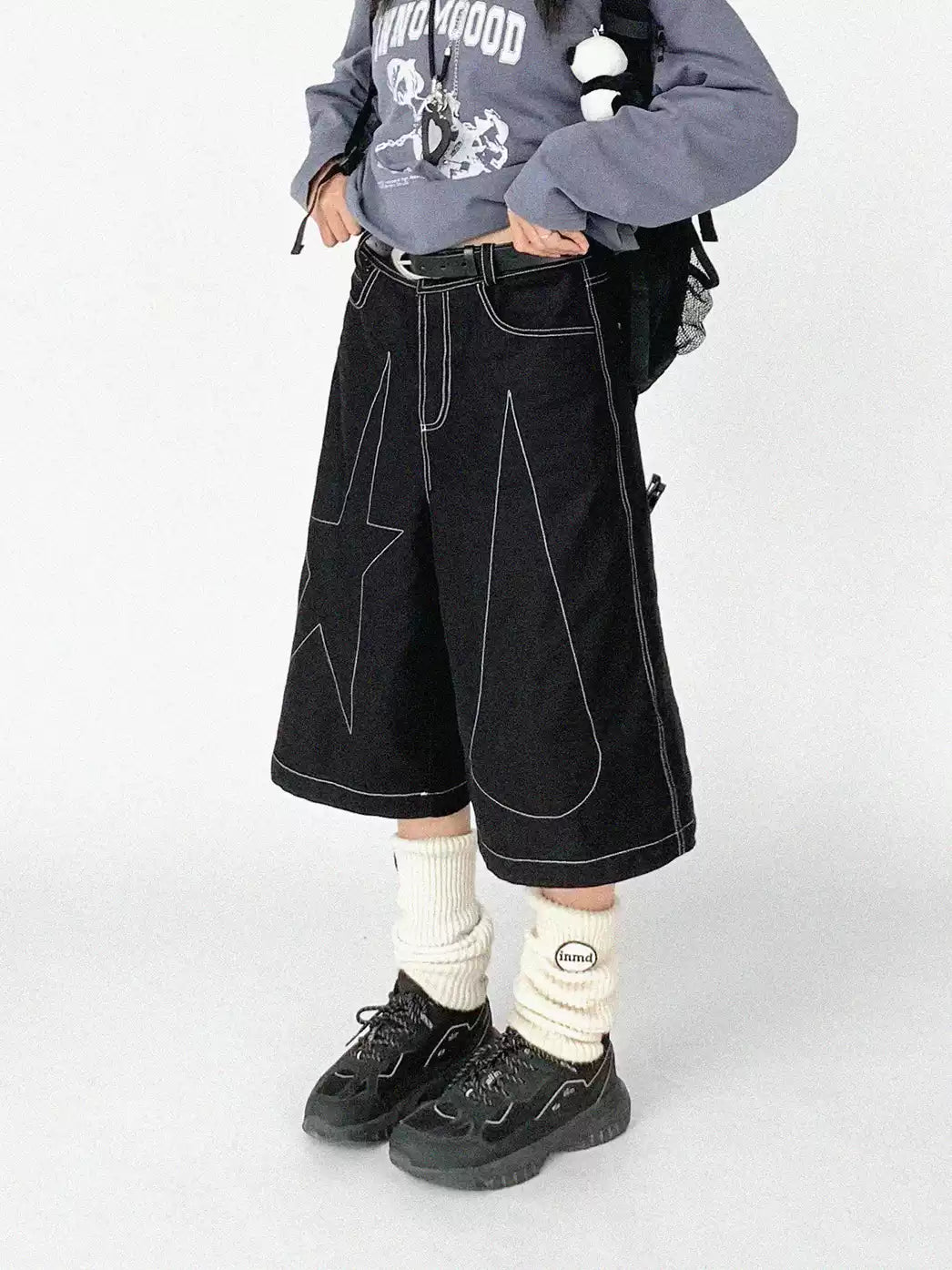[innomoood] Tears Star Denim Jorts Wide-Legged Cropped Pants