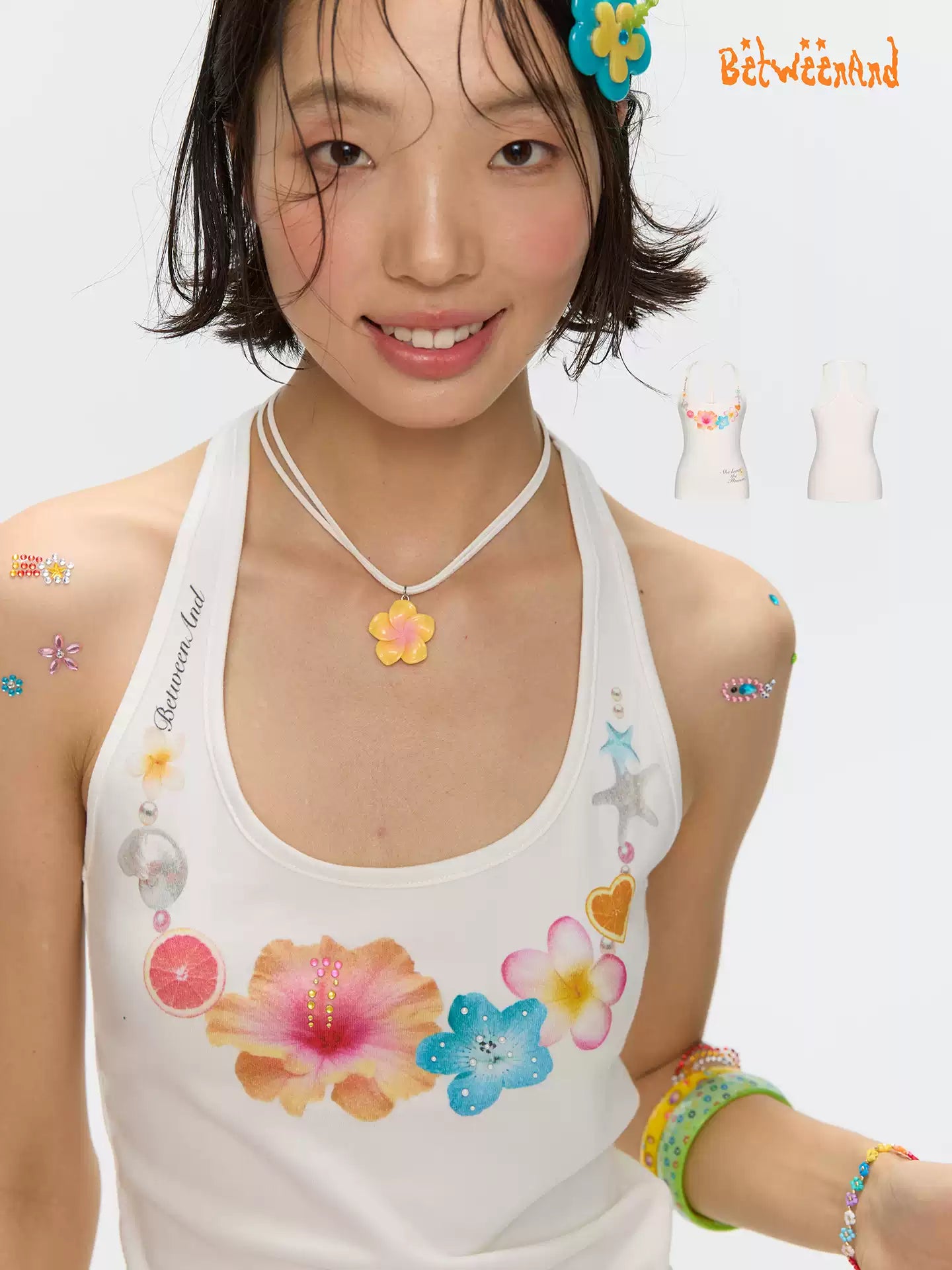 [betweenand] Flower Pearl Neckband Tank Top