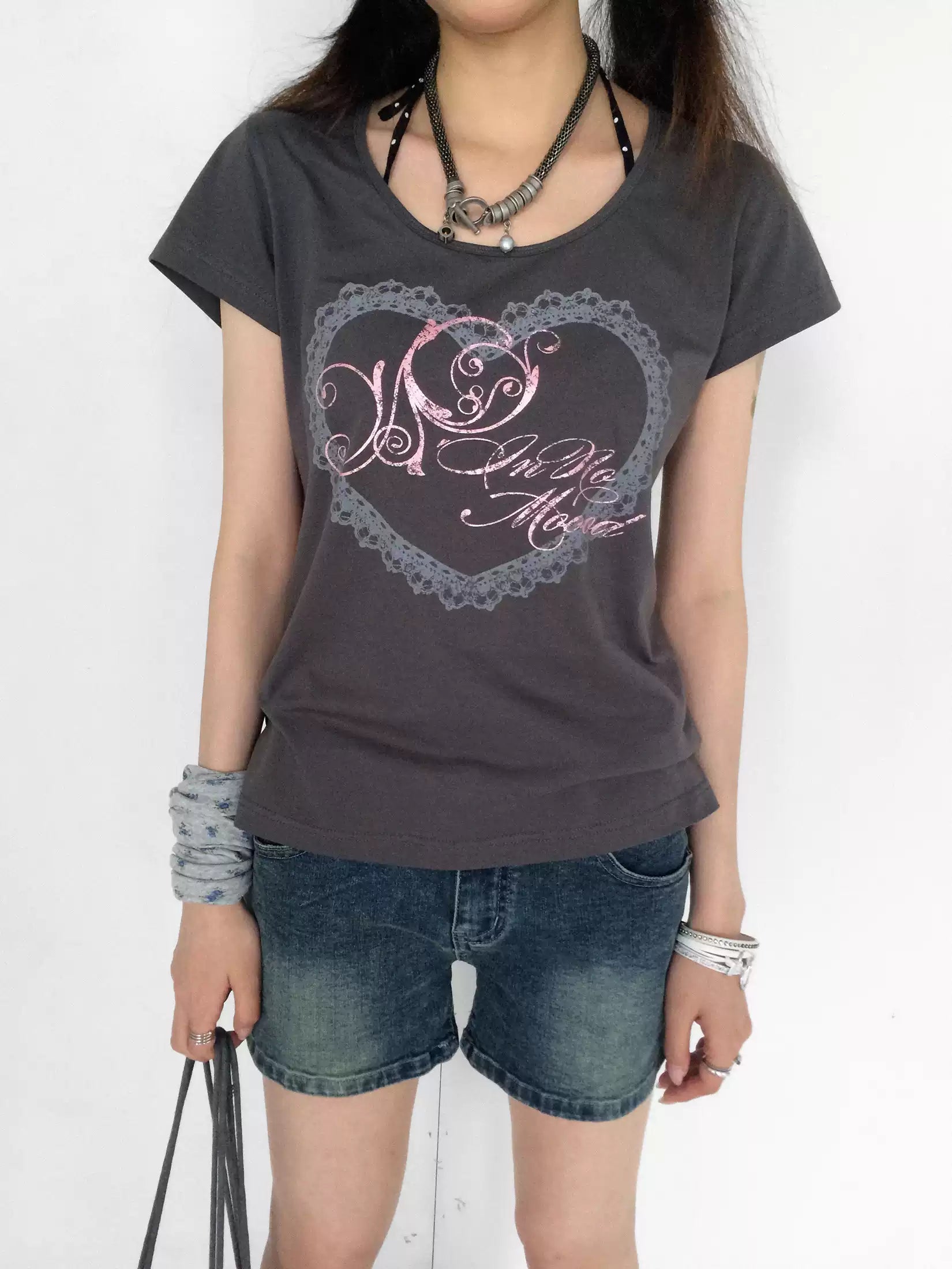 [innomoood] Lace Heart Print Shirt